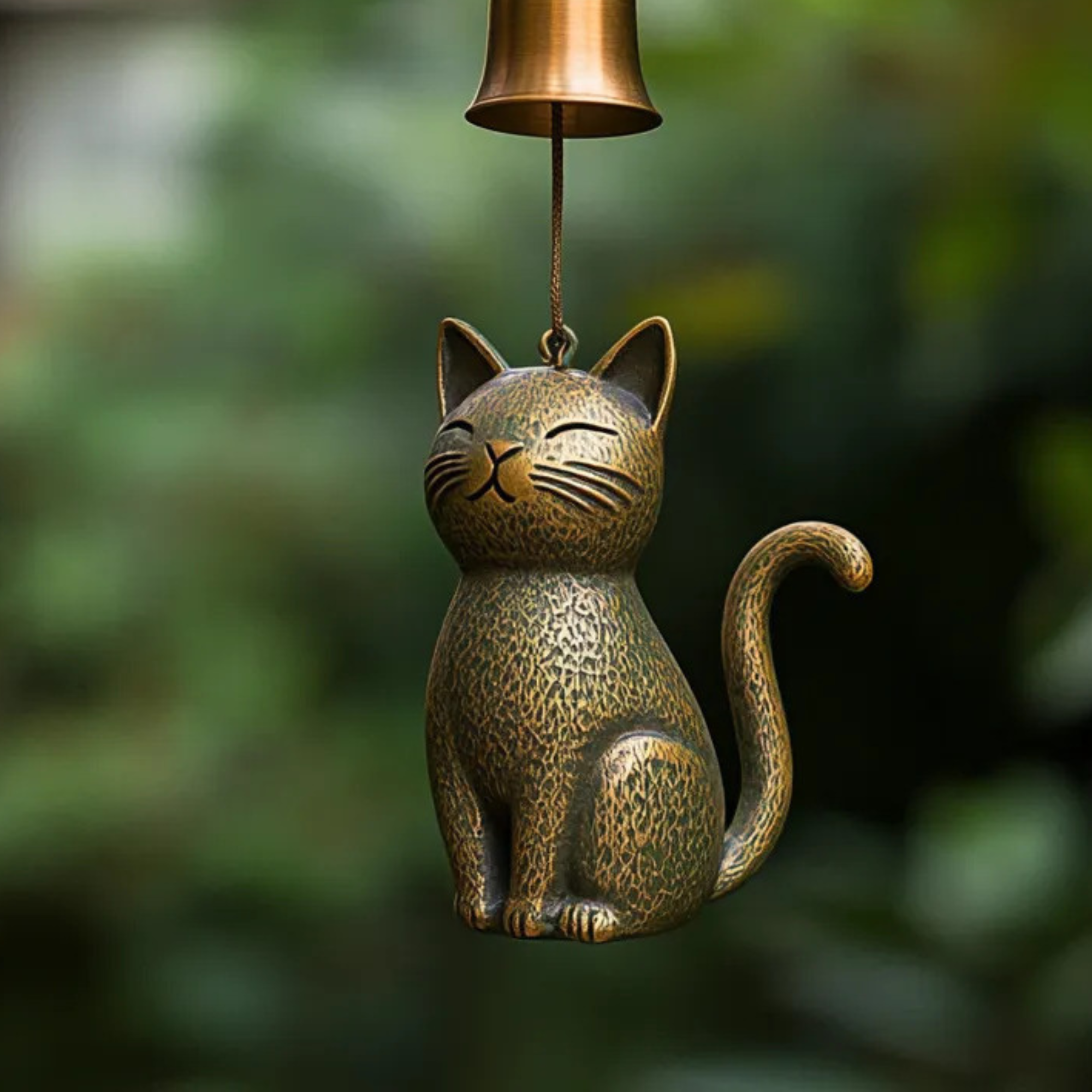 Smiling Cat Wind Bell, Antique Brass Japanese Style Chime, Zen Garden Decor