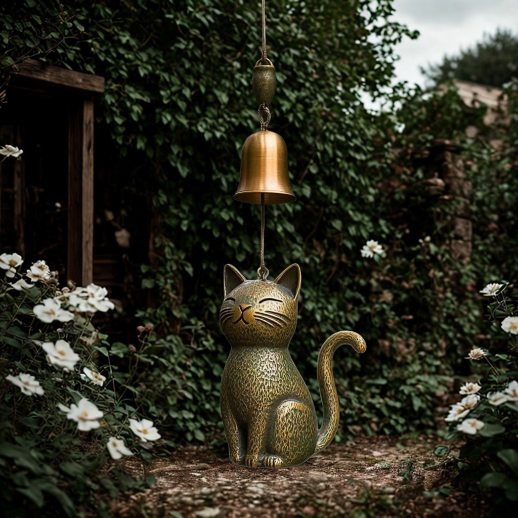 Smiling Cat Wind Bell, Antique Brass Japanese Style Chime, Zen Garden Decor