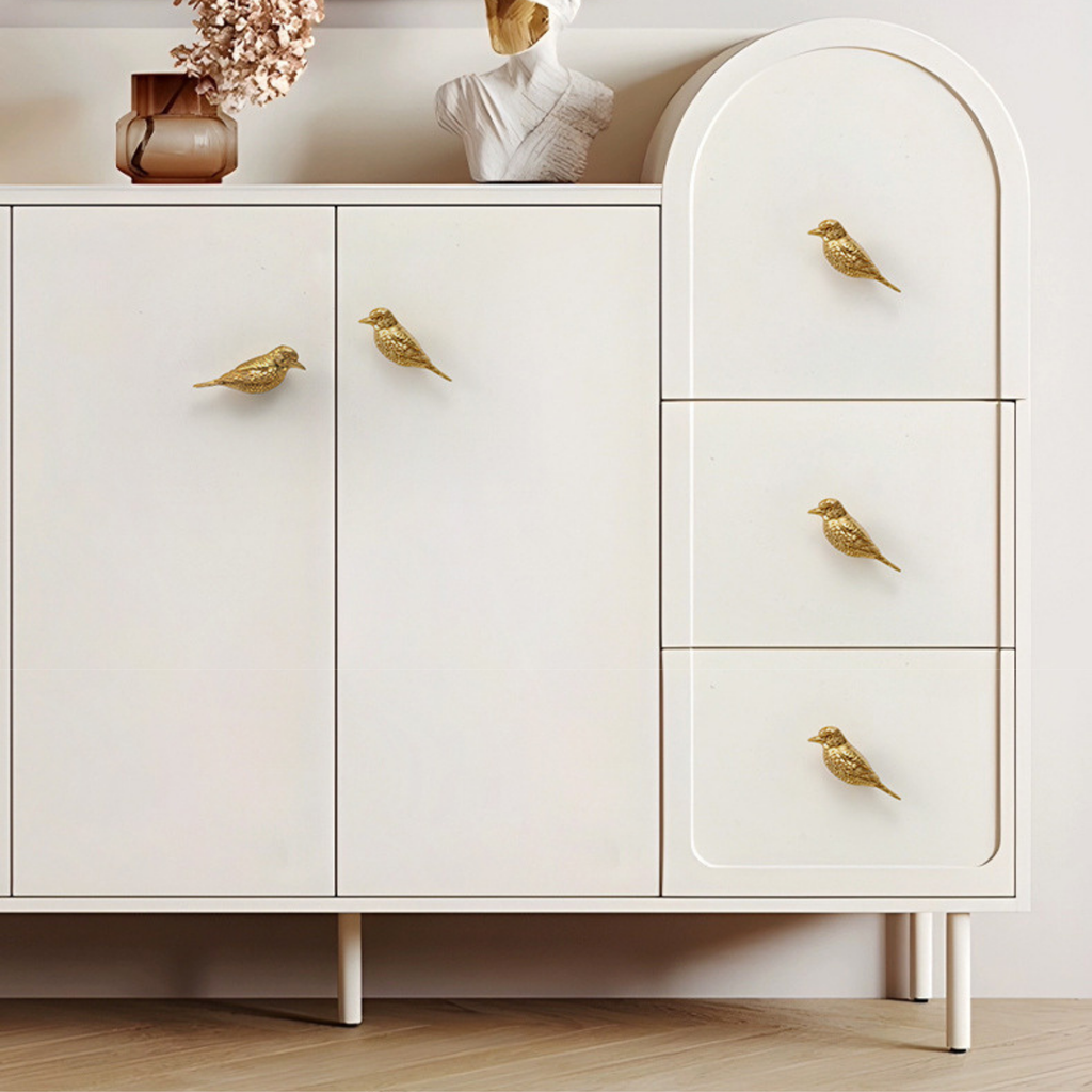 Brass Songbird Knob Set: Gold Sparrow Cabinet Handles