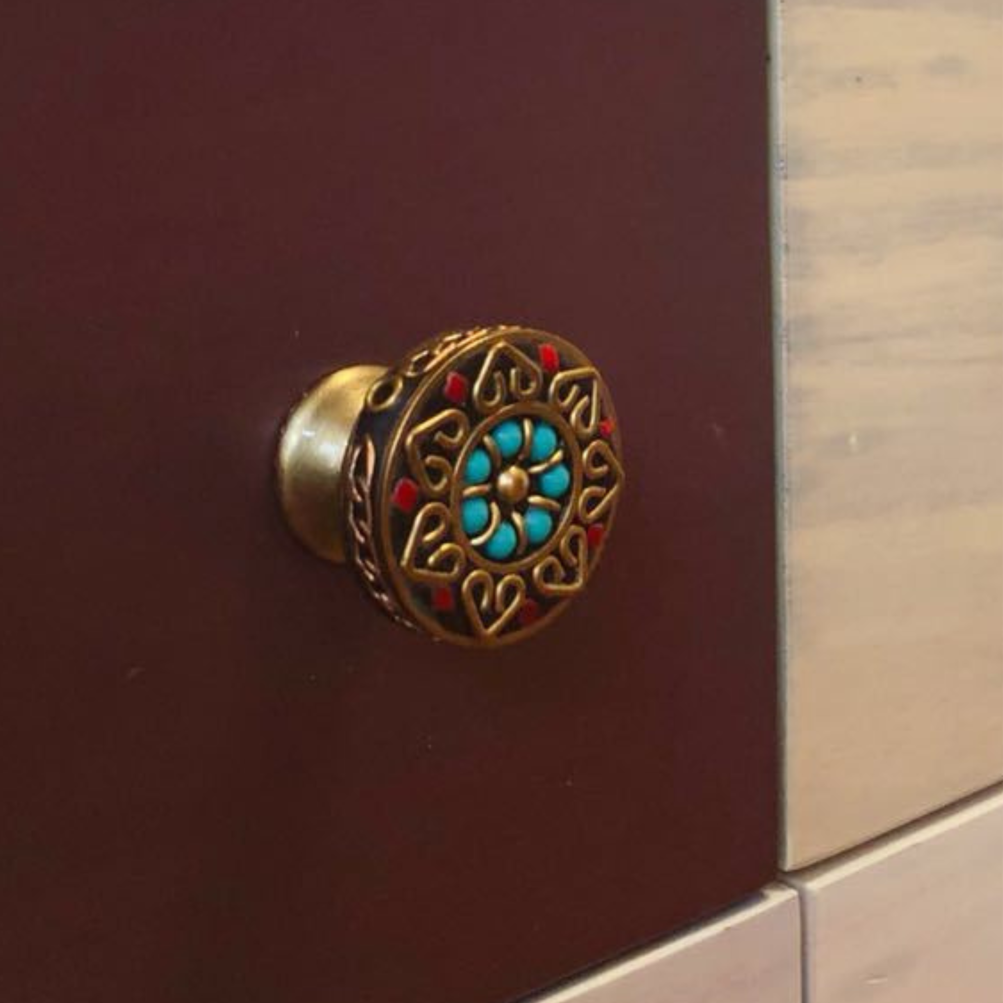 Knobelle Antique Brass Cabinet Knob – Boho Drawer Pull, Mosaic Inlay Design, Vintage Soulful Accent