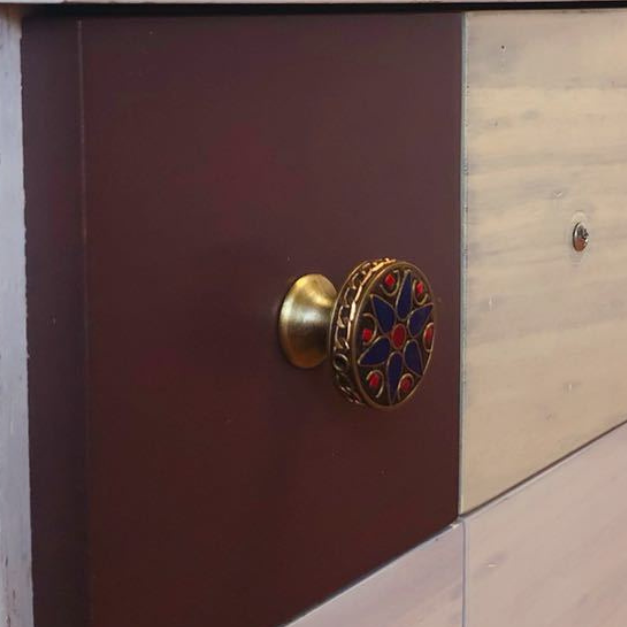 Knobelle Antique Brass Cabinet Knob – Boho Drawer Pull, Mosaic Inlay Design, Vintage Soulful Accent