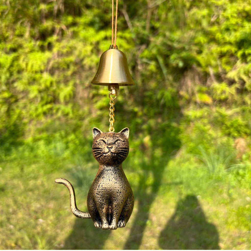 Smiling Cat Wind Bell, Antique Brass Japanese Style Chime, Zen Garden Decor