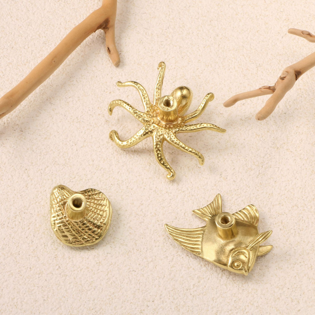 Knobelle Massiv Messing Meeresleben-Möbelknauf – Oktopus, Fisch & Muschel Schubladengriffe, Küsten-Nautische Beschläge