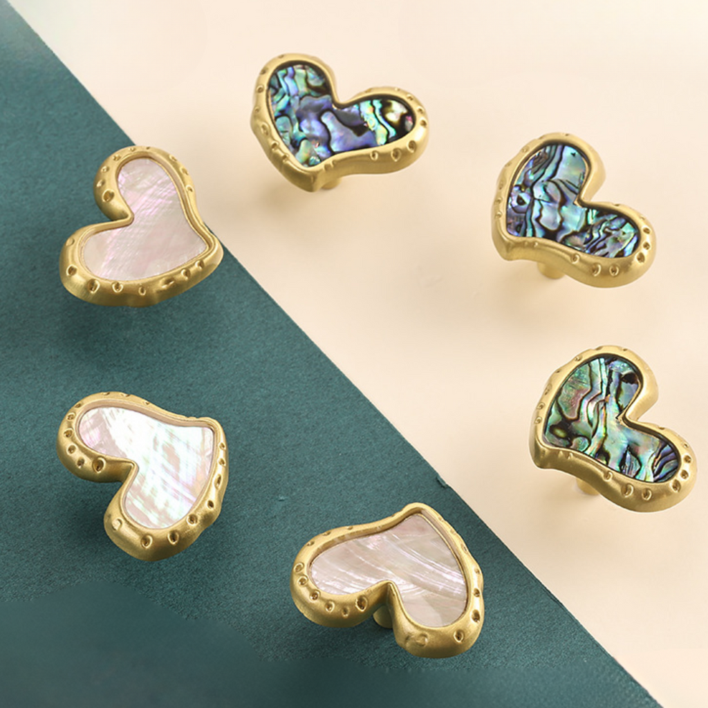 Knobelle Crysta – Heart Inlay Brass Cabinet Knob | Mother of Pearl & Abalone