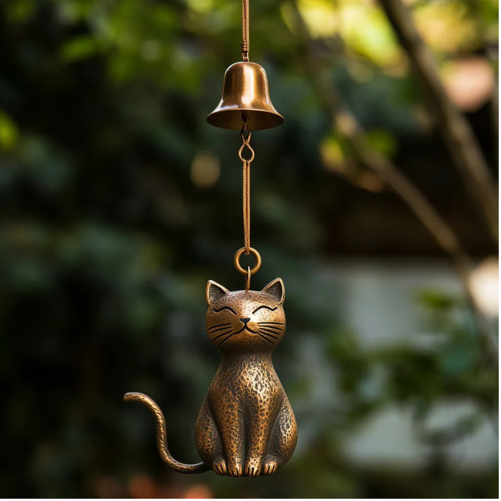 Smiling Cat Wind Bell, Antique Brass Japanese Style Chime, Zen Garden Decor