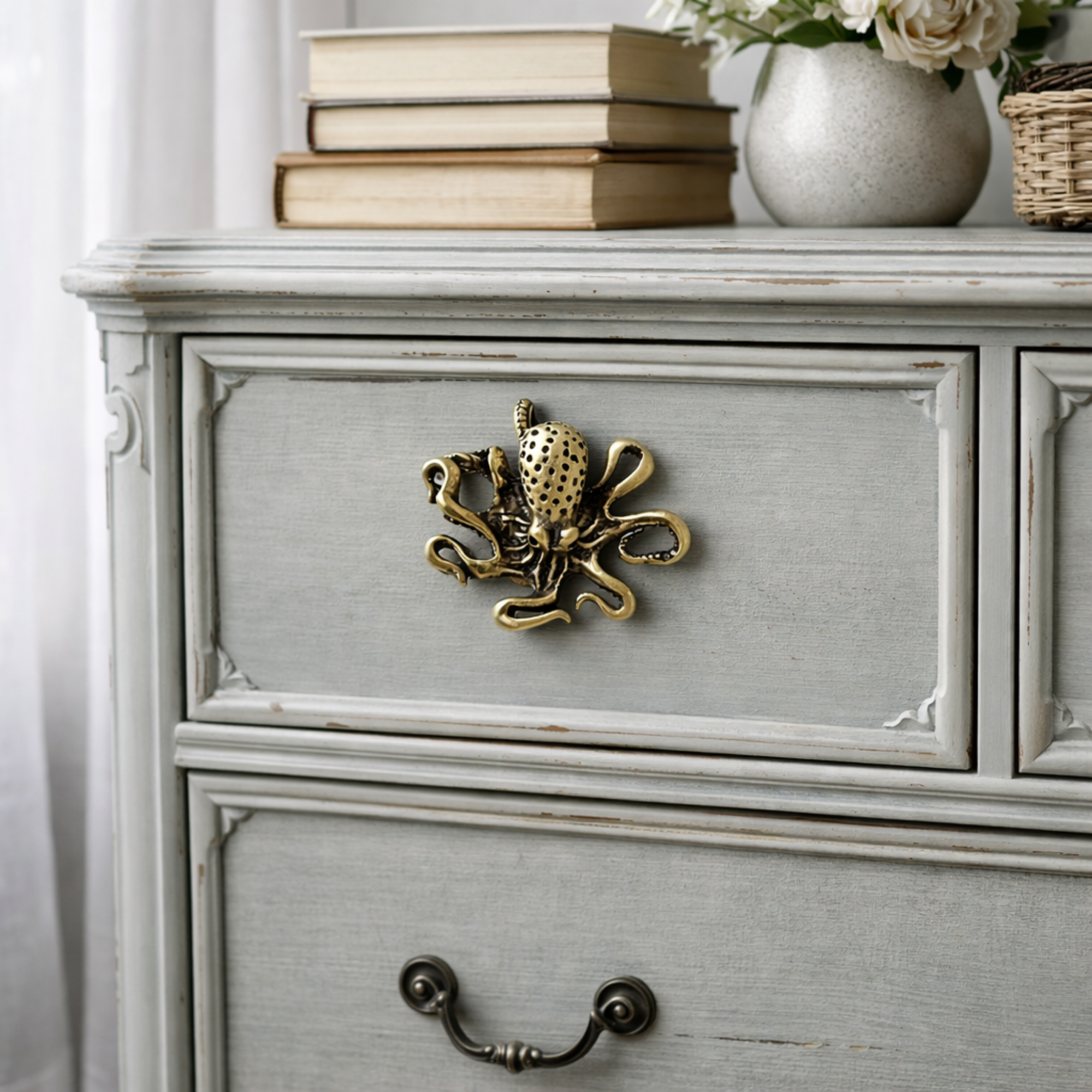 Knobelle Brass Octopus Knob | Nautical Cabinet Drawer Hardware | Coastal Vintage Furniture Accent