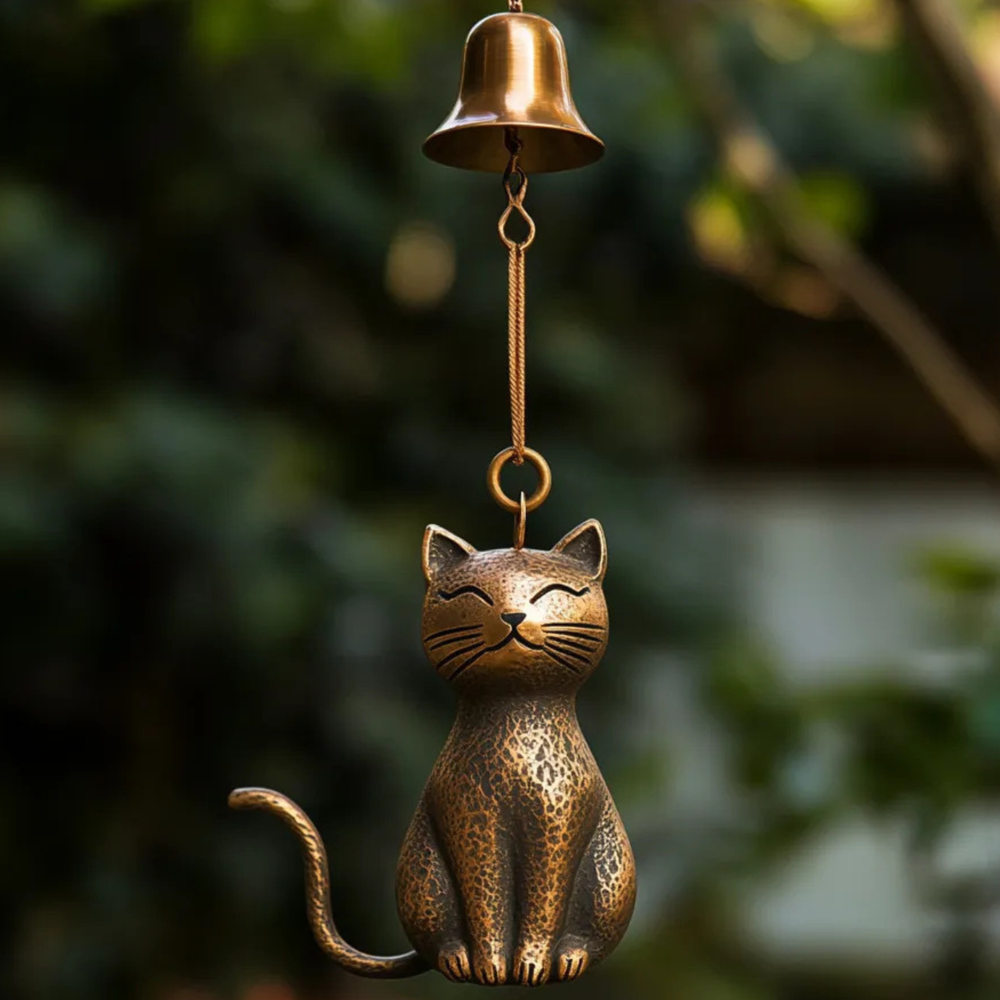 Smiling Cat Wind Bell, Antique Brass Japanese Style Chime, Zen Garden Decor