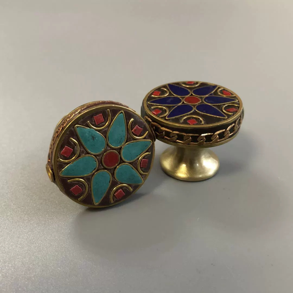 Knobelle Antique Brass Cabinet Knob – Boho Drawer Pull, Mosaic Inlay Design, Vintage Soulful Accent