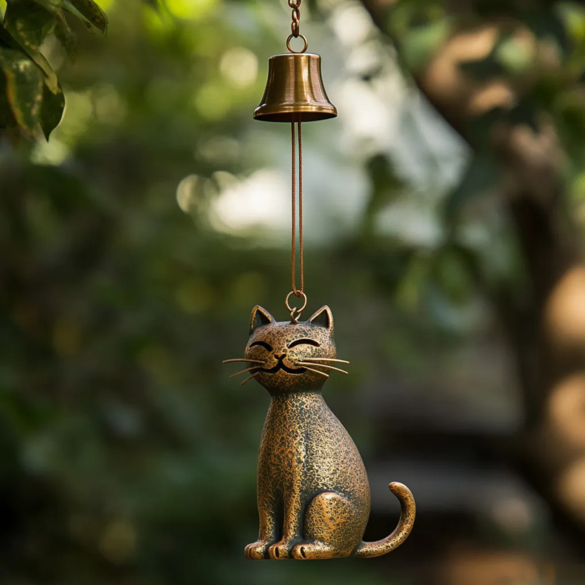 Smiling Cat Wind Bell, Antique Brass Japanese Style Chime, Zen Garden Decor