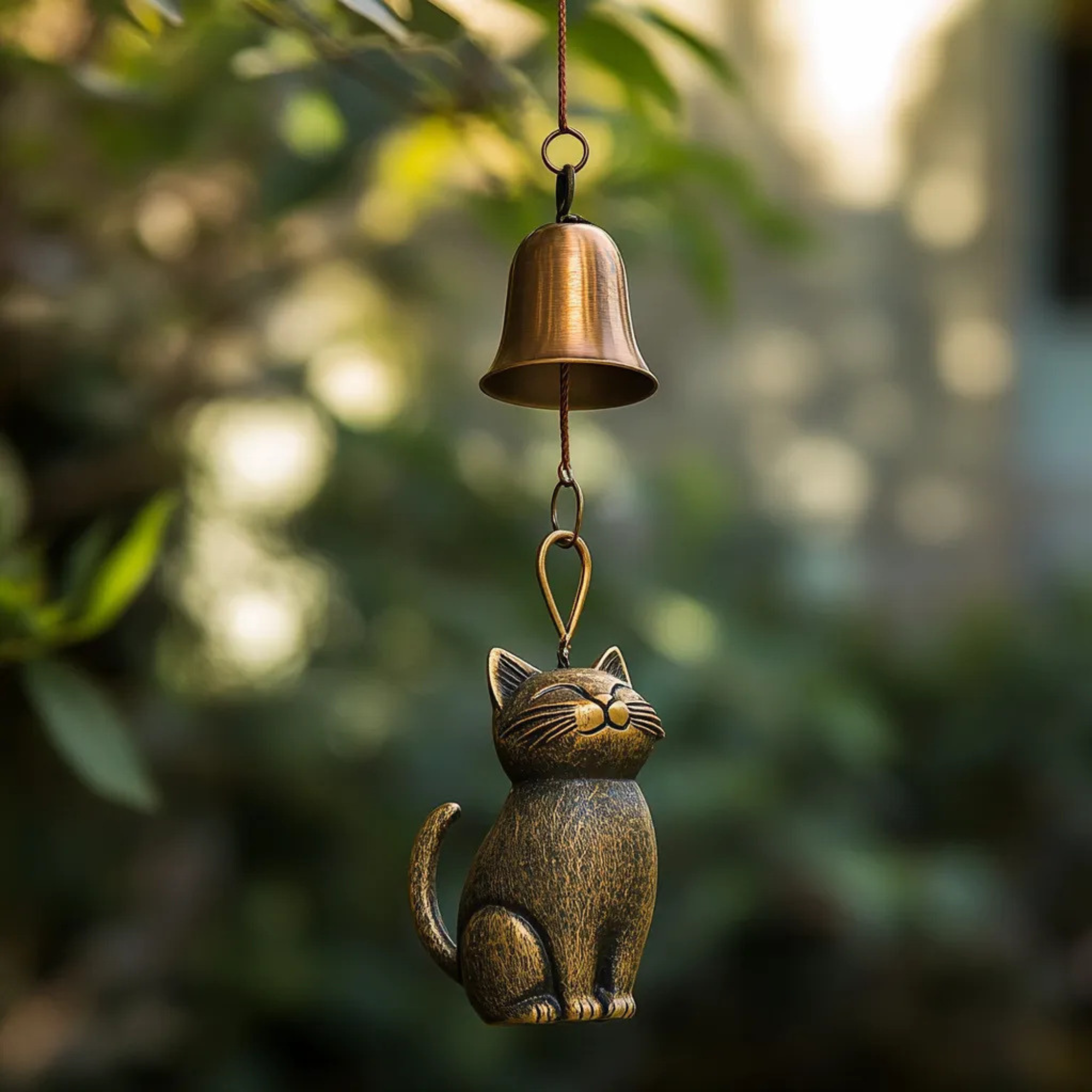 Smiling Cat Wind Bell, Antique Brass Japanese Style Chime, Zen Garden Decor