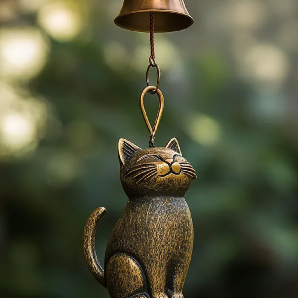 Smiling Cat Wind Bell, Antique Brass Japanese Style Chime, Zen Garden Decor