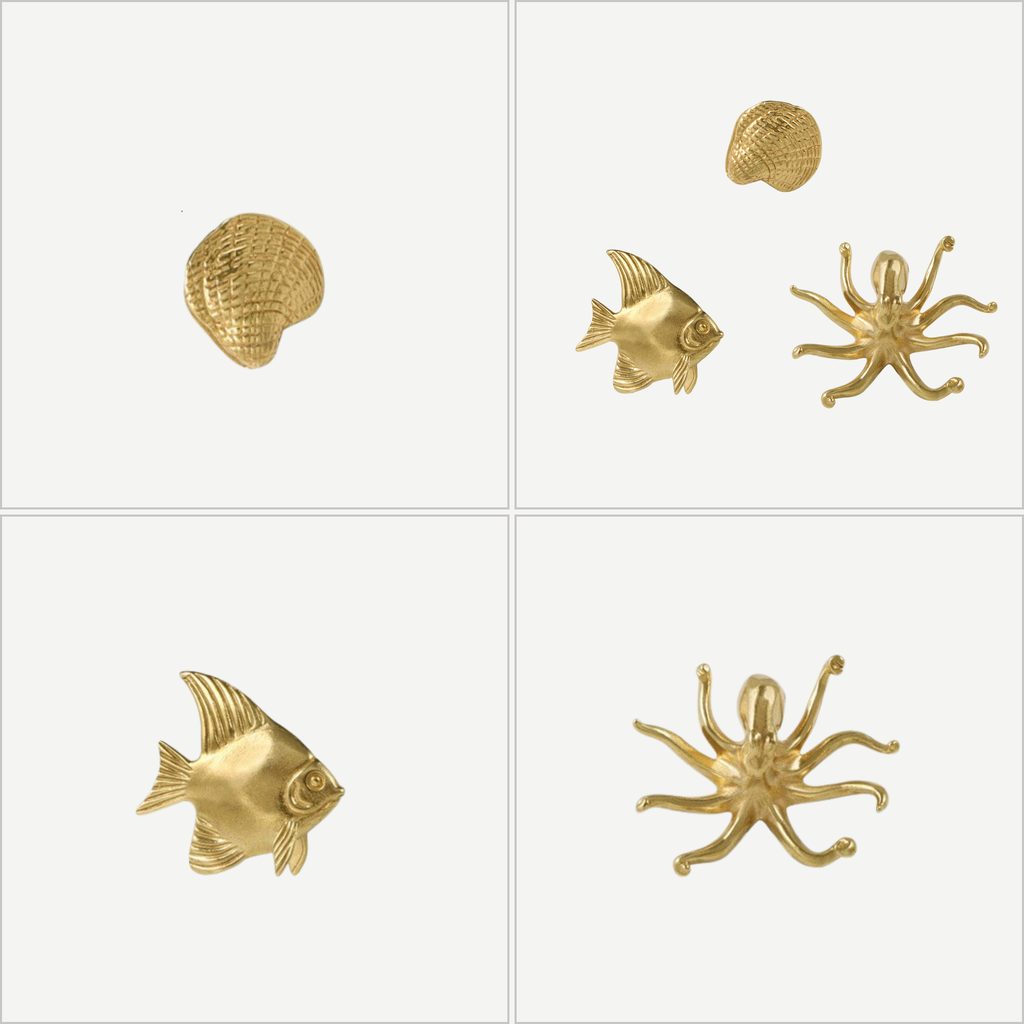 Knobelle Massiv Messing Meeresleben-Möbelknauf – Oktopus, Fisch & Muschel Schubladengriffe, Küsten-Nautische Beschläge