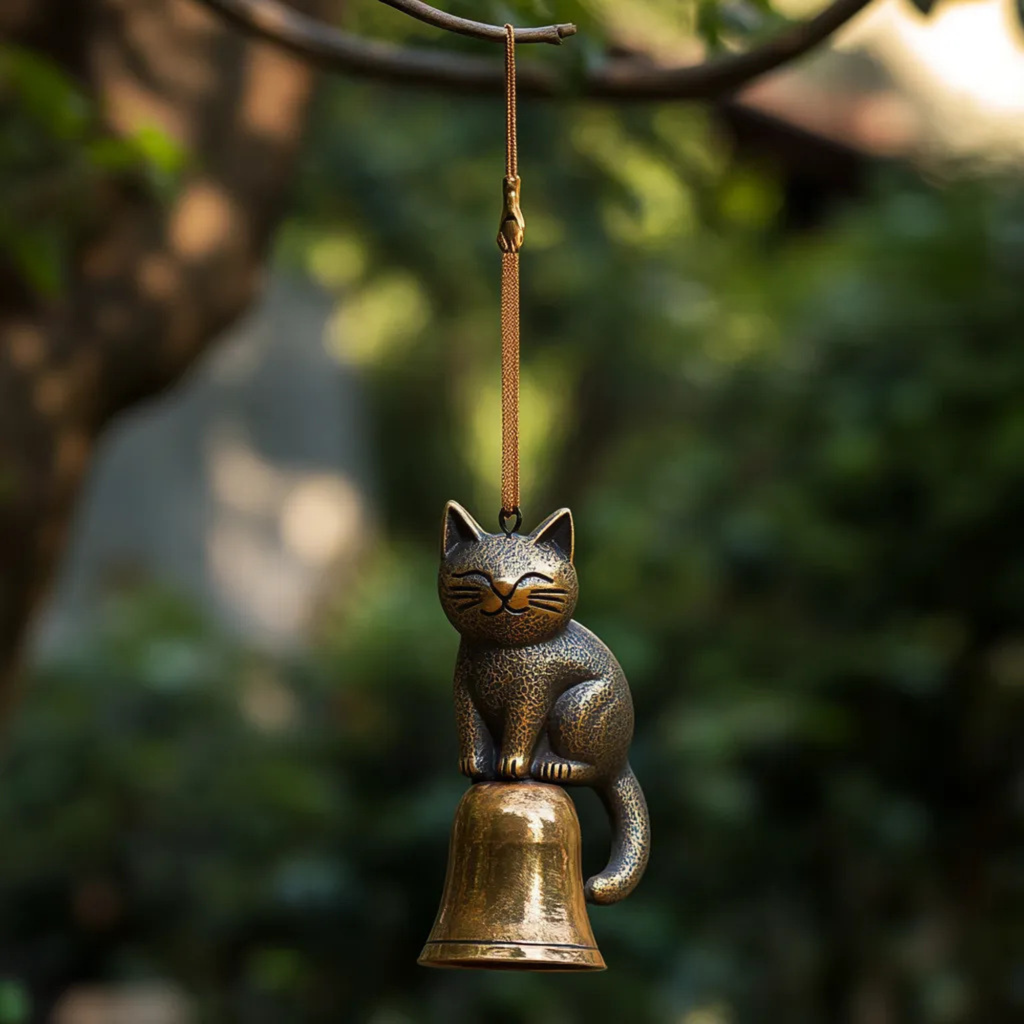Smiling Cat Wind Bell, Antique Brass Japanese Style Chime, Zen Garden Decor