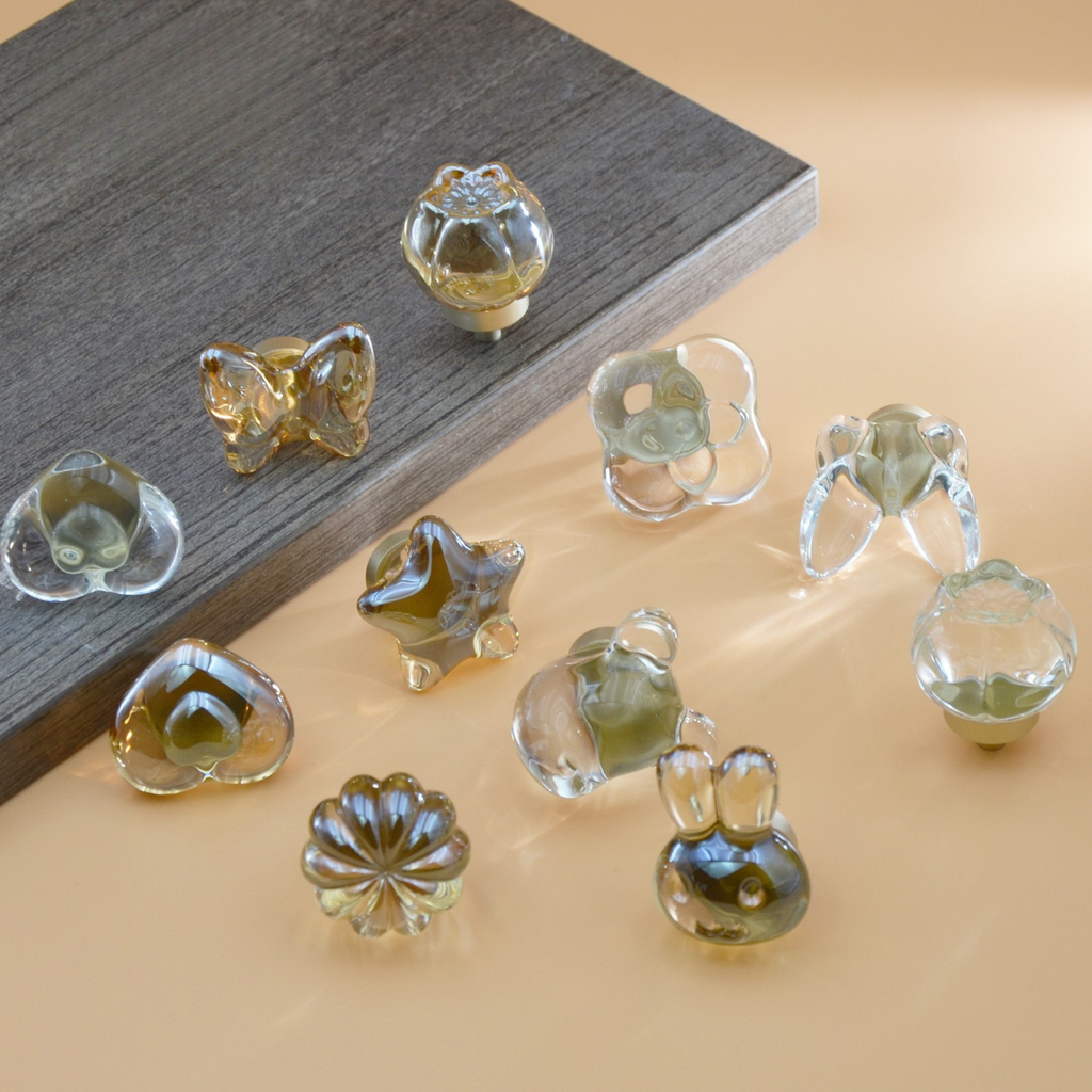 Knobelle Crystal Glass Cabinet Knob with Brass Base: Animal & Floral Drawer Pull