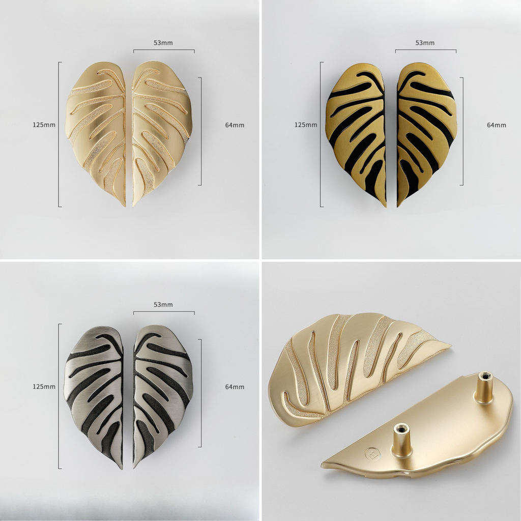 Knobelle Messing Blatt Möbelknauf (2er Set) – Monstera Schubladengriff Paar, Dekorativer Möbelgriff, Botanisches Wohnaccessoire