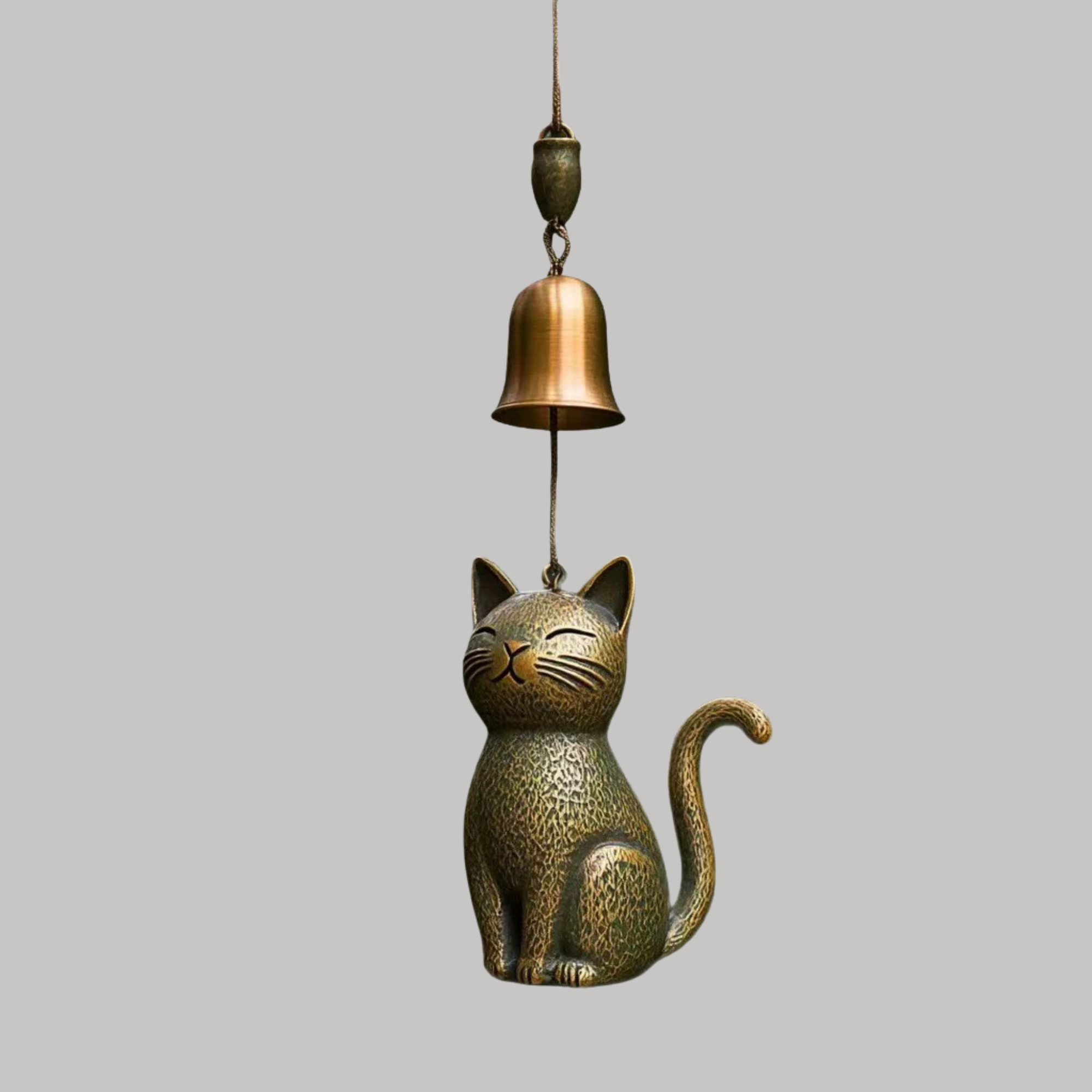 Smiling Cat Wind Bell, Antique Brass Japanese Style Chime, Zen Garden Decor