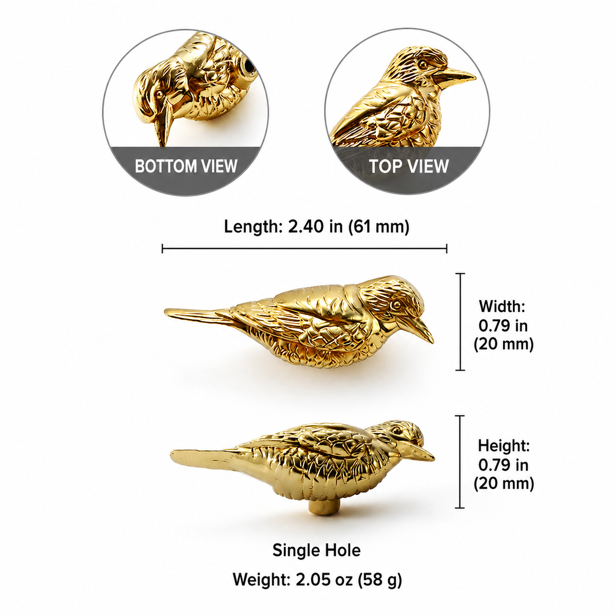 Knobelle Gold-Tone Perched Bird Cabinet Knob and Drawer Hardware