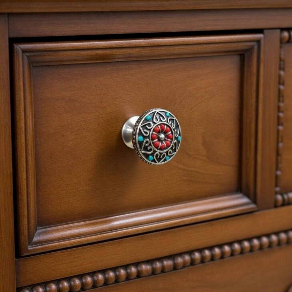 Knobelle Antique Brass Cabinet Knob – Boho Drawer Pull, Mosaic Inlay Design, Vintage Soulful Accent