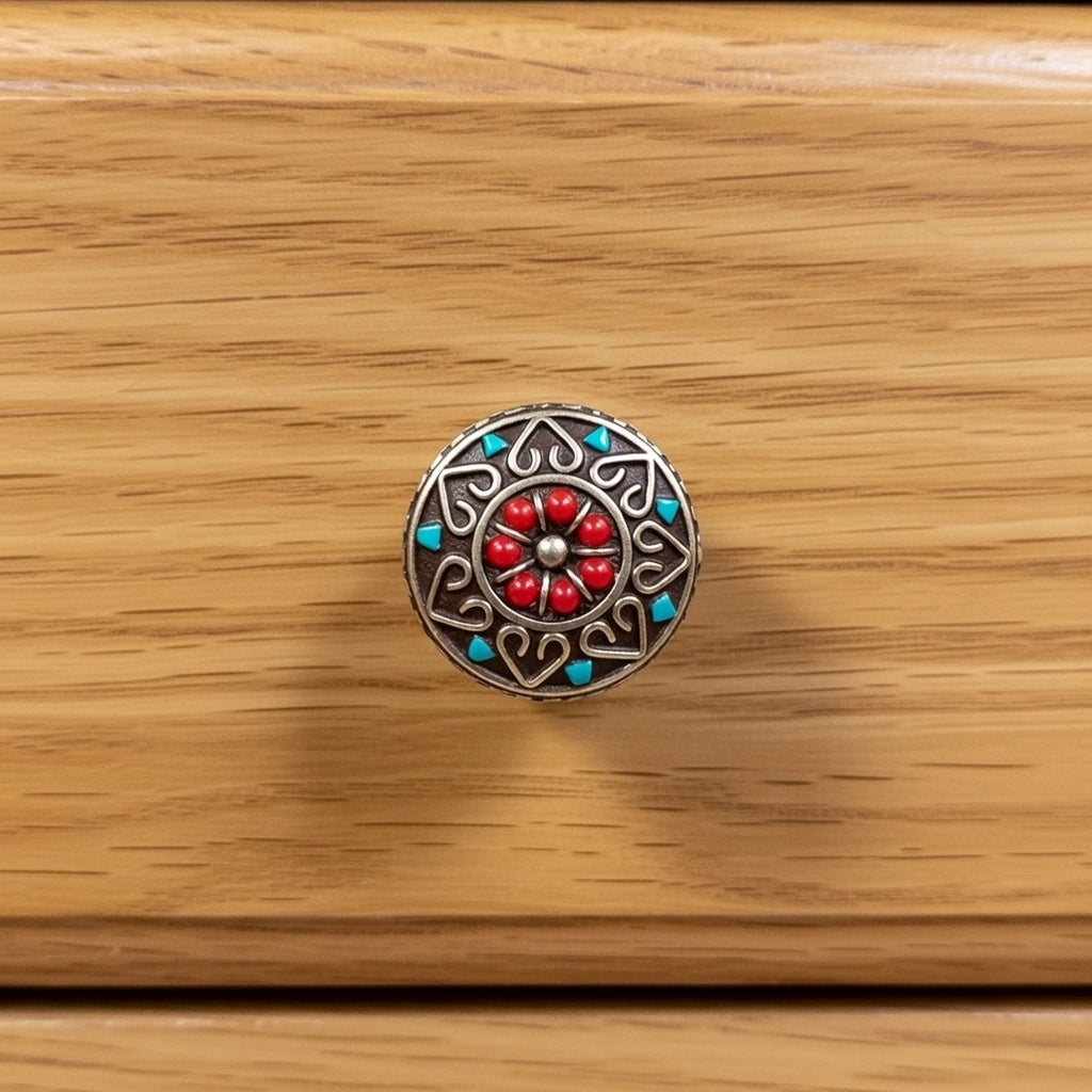 Knobelle Antique Brass Cabinet Knob – Boho Drawer Pull, Mosaic Inlay Design, Vintage Soulful Accent