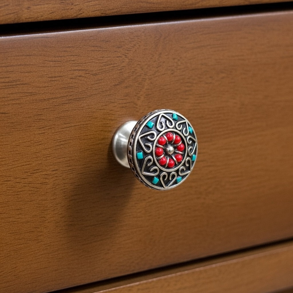 Knobelle Antique Brass Cabinet Knob – Boho Drawer Pull, Mosaic Inlay Design, Vintage Soulful Accent