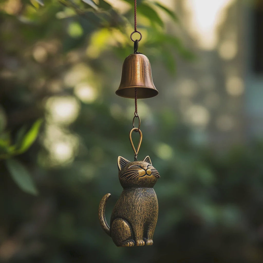 Smiling Cat Wind Bell, Antique Brass Japanese Style Chime, Zen Garden Decor